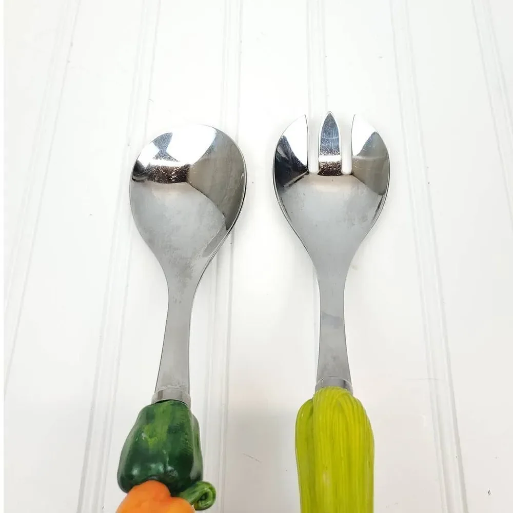 Stainless Steel Salad Servers with Vegetable Handles
